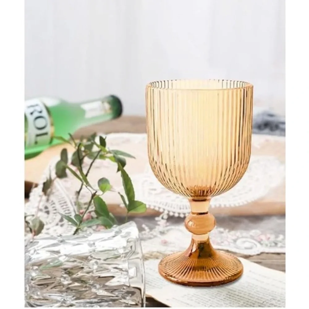 XKXKKE Vintage Amber Wine Glasses 11 oz Ribbed Goblet Set of 6 Ball Stem
